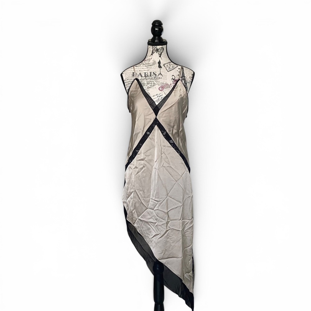 Zara Slip Dress Womens XS Champagne Black Lace Trim Asymmetric Handkerchief Hem